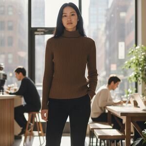 Vintage New York & Co Brown Ribbed Knit Turtleneck Sweater Medium Neutral Rib